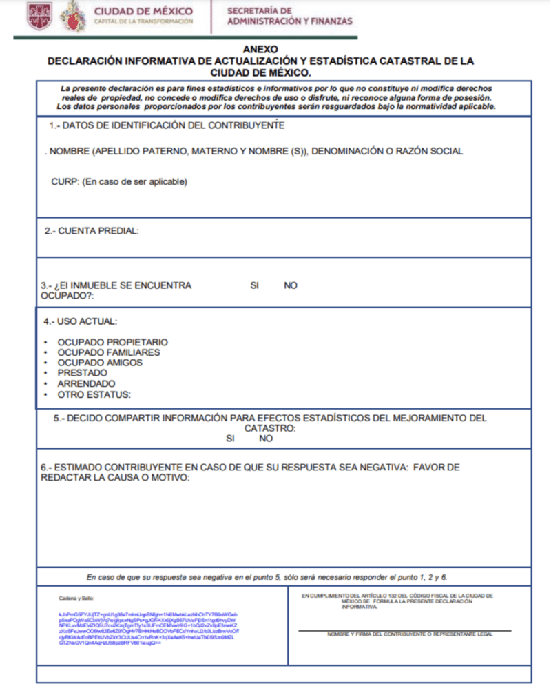 Formulario de la declaración informativa publicado en la Gaceta Oficial de la Ciudad de México